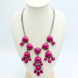 Hot Pink Bubble Statement Necklace Silver Tone Chunky Bib